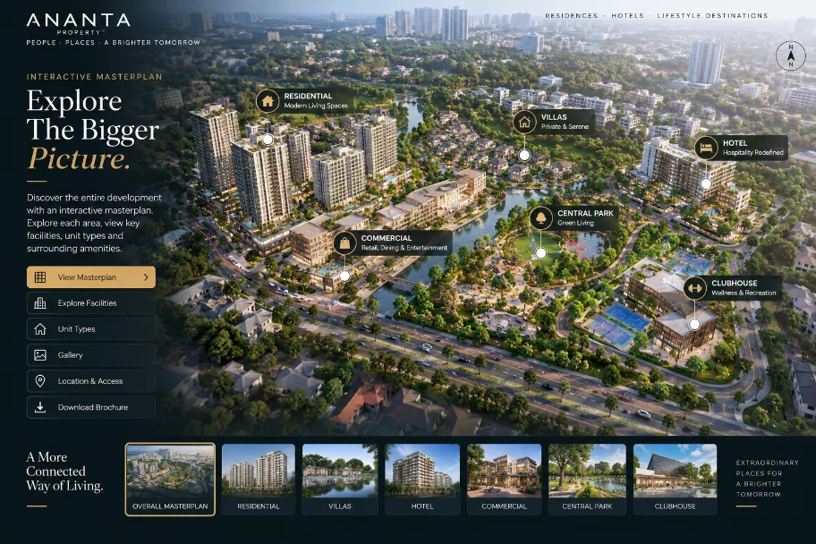 Interactive masterplan: aerial view of the development with labelled residential, villa, hotel, commercial, park and clubhouse zones