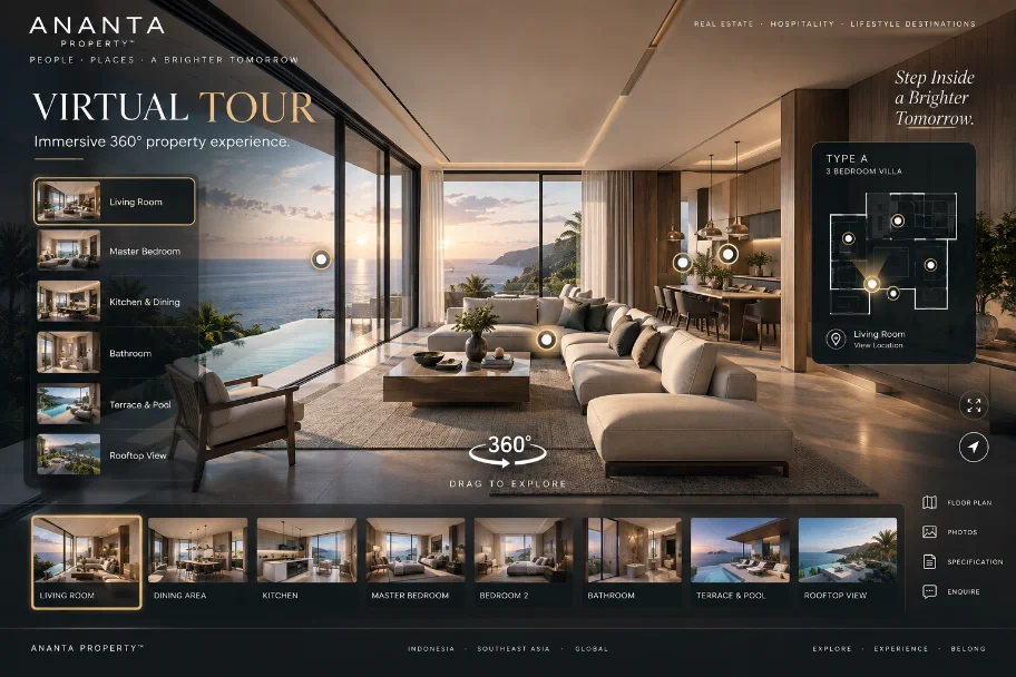 Virtual tour: 360° view of an ocean-view living room with room list and mini floorplan