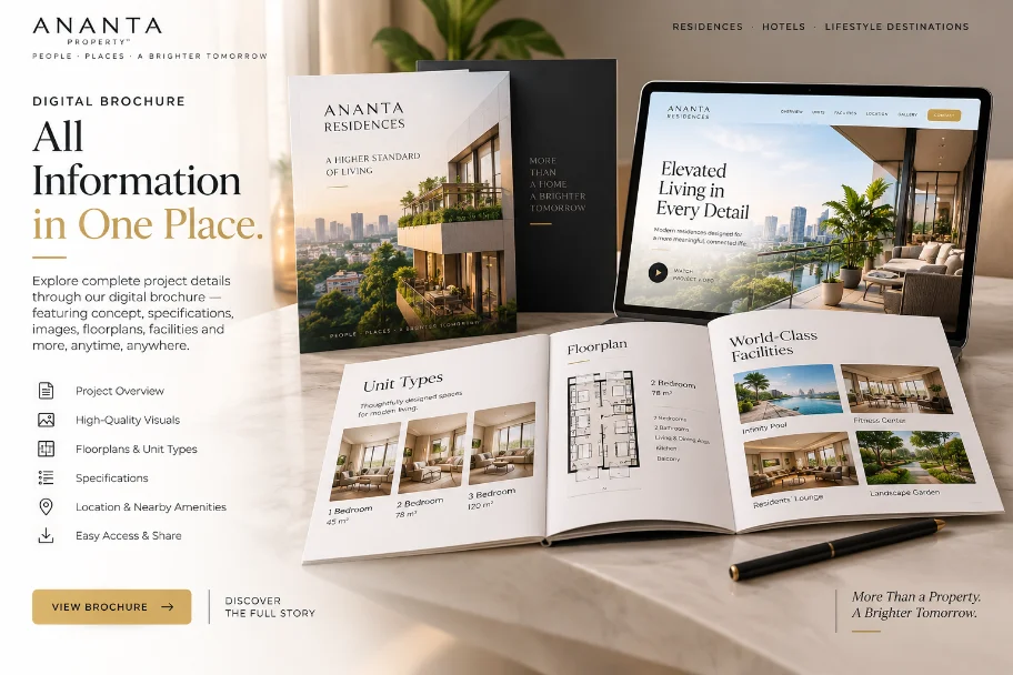 Digital brochure: printed brochure and tablet showing unit types, floorplans and facilities