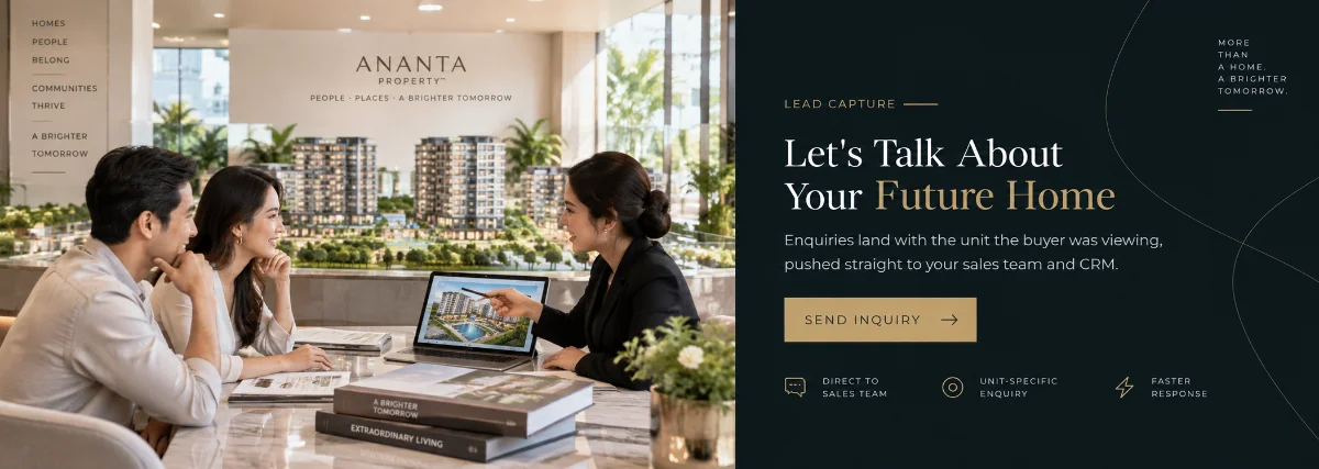 An Ananta sales consultant presenting a development to a couple over a scale model