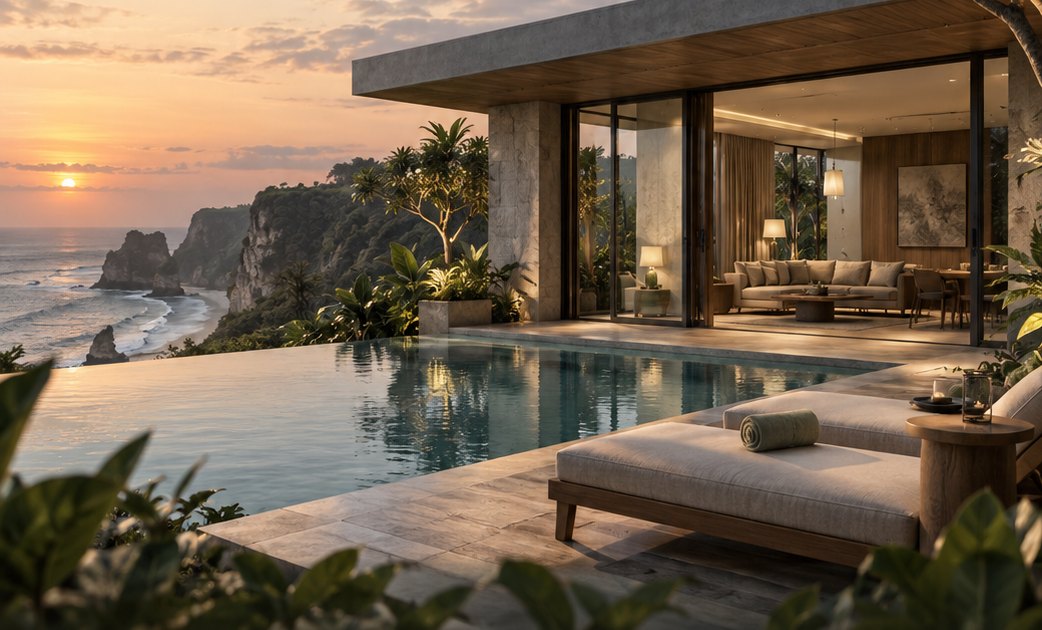 Villa render at sunset